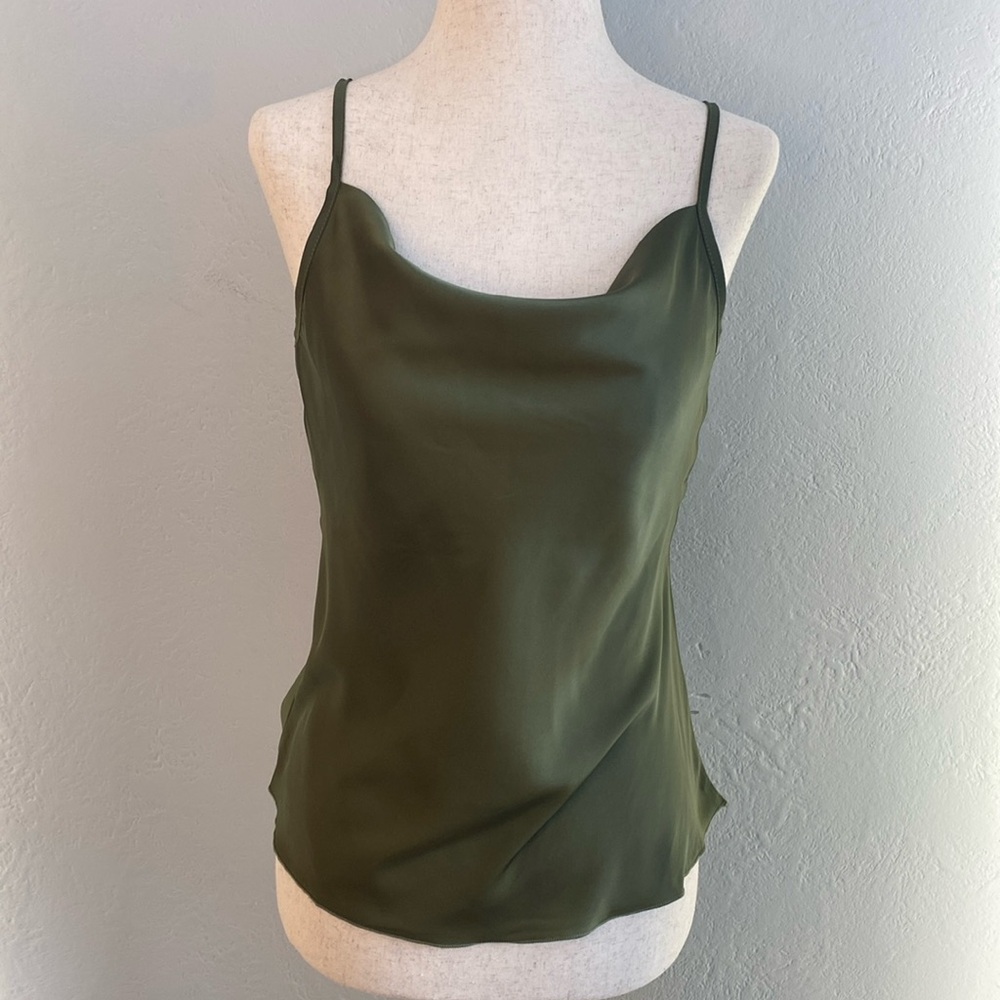 Satin Cowl Neck Spaghetti Strap Sleeveless Top- Green- Women Sz S